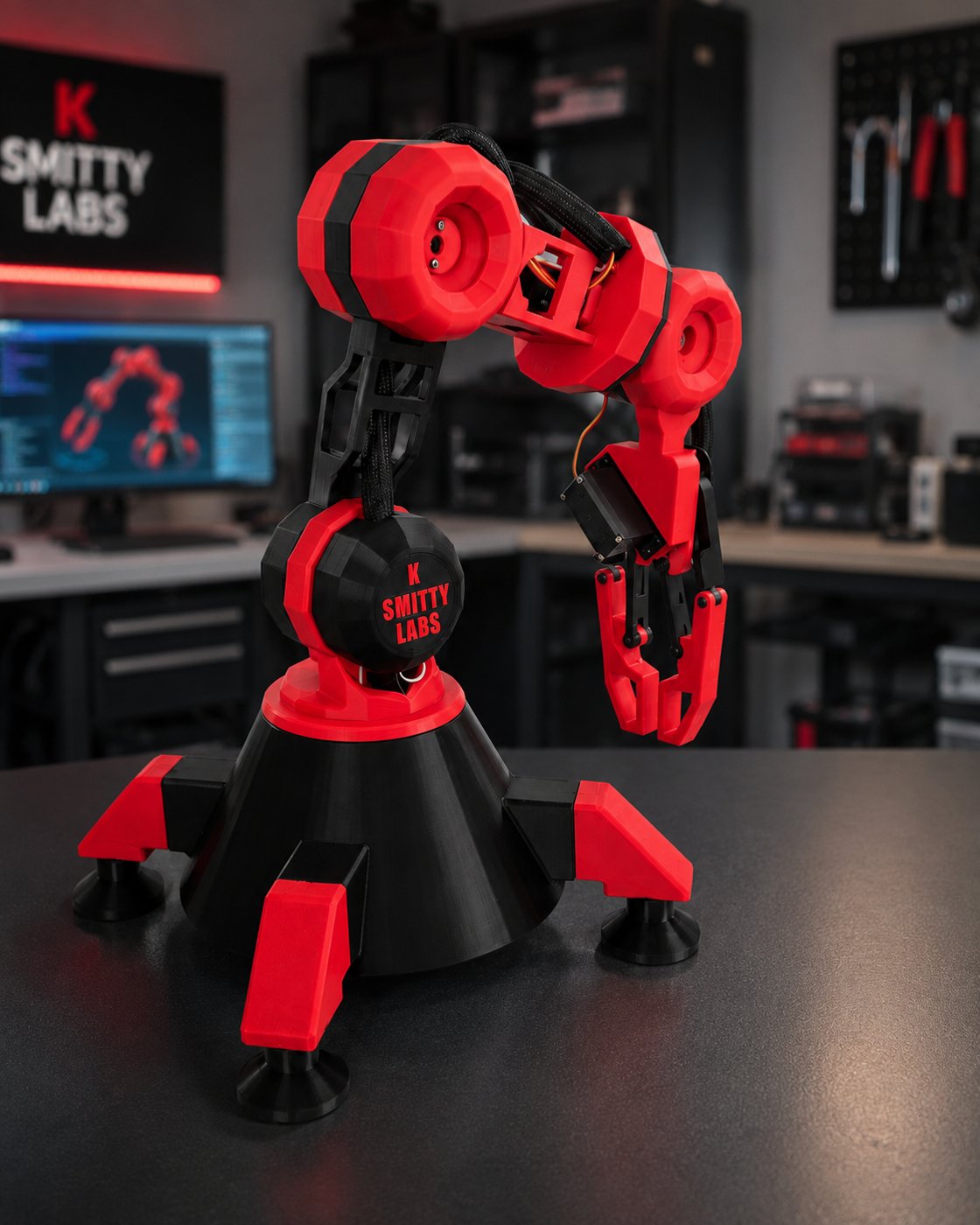 K-Smitty Labs V1 robotic arm prototype in red and black with gripper claw