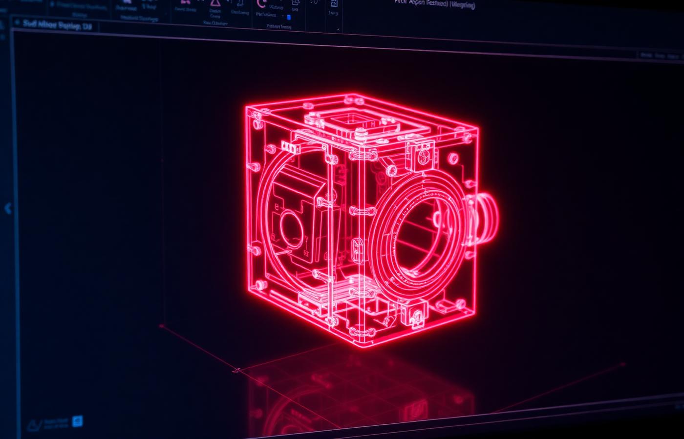 CAD wireframe model of a mechanical part on a dark screen
